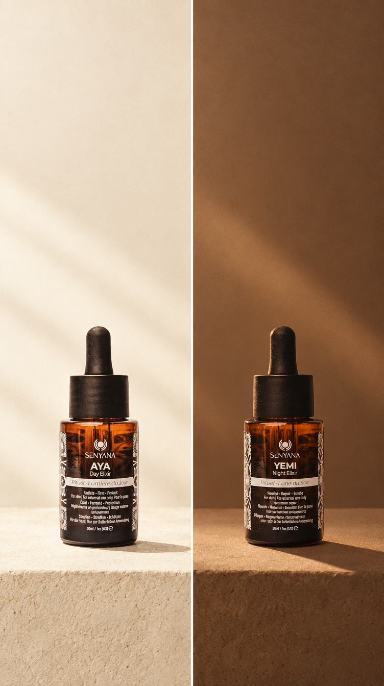 Two amber glass dropper bottles with black caps and black labels are displayed side by side on a split beige and brown background. The left bottle is labeled 'SUNRA AYA' and the right bottle is labeled 'SUNRA YEM'.